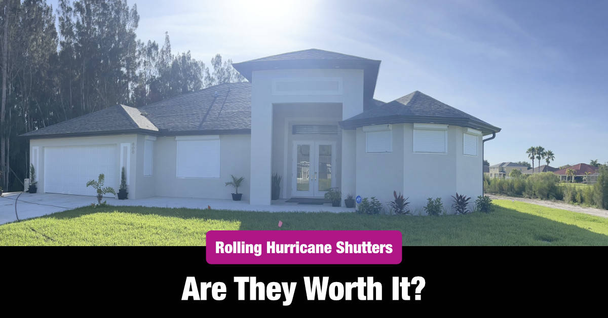 House with white Roll Down Hurricane shutters and text that says Rolling Hurricane Shutters Are They Worth It?