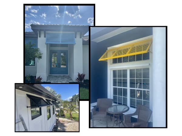 Half Bahama Exterior Shutters shown on three homes in light blue, yellow and black