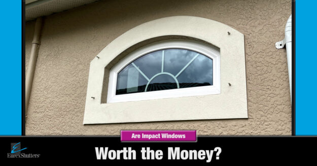 An architectural impact window on a beige home with text are impact windows worth the money