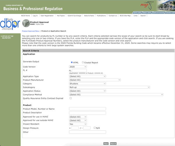 Screenshot of a search for impact resistant hurricane shutters with Florida Product Approval on the dbpr website