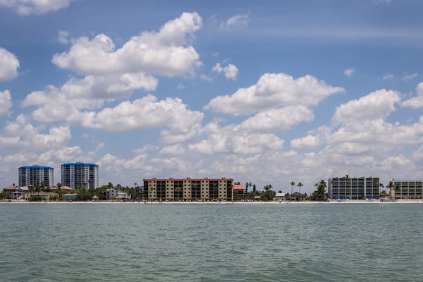 View of buildings along the water of Cape Coral Florida