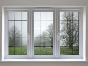 White, vinyl casement impact windows shown with a view to outside yard of a home.