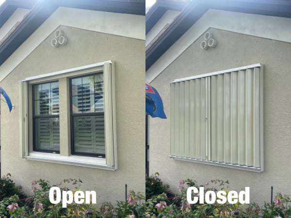 Side by side image of accordion shutters. On the left shows them in the open position with the window visible. On the right shows them closed over the window. 