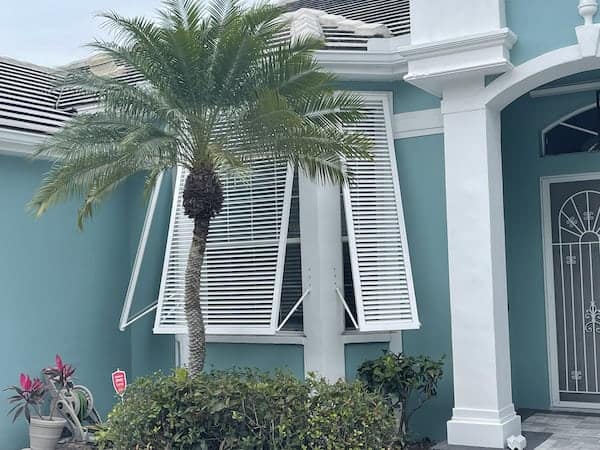 Various sizes of Bahama shutters, white in color, installed on the front windows of a green home with white trim and grey tile roof. Palm tree in front of window in a garden bed. 