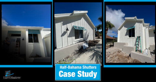 Pictures of half-Bahama shutters installed on a home in Sanibel, Florida with the text "Half Bahama shutters case study"