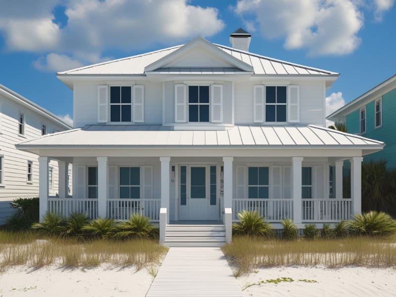 White colonial hurricane shutters on a white Beach home property. 