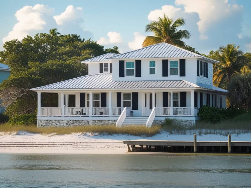 Beach house with black Colonial Shutters near the coast.