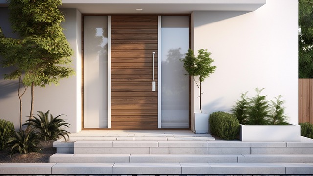 Impact front door of a white home with vegetation.