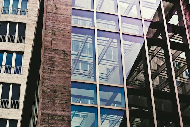 Laminated glass on a commercial building. 