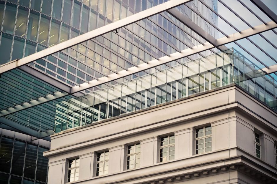 Laminated glass on a commercial building.